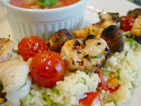 Shrimp Skewers and Cold Soup