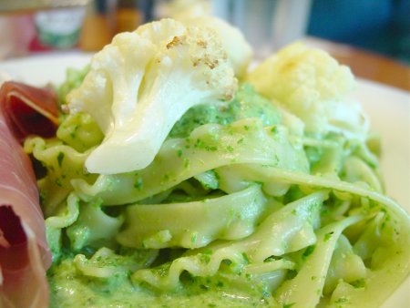 Cauliflower Pasta with Arugula Walnut Sauce